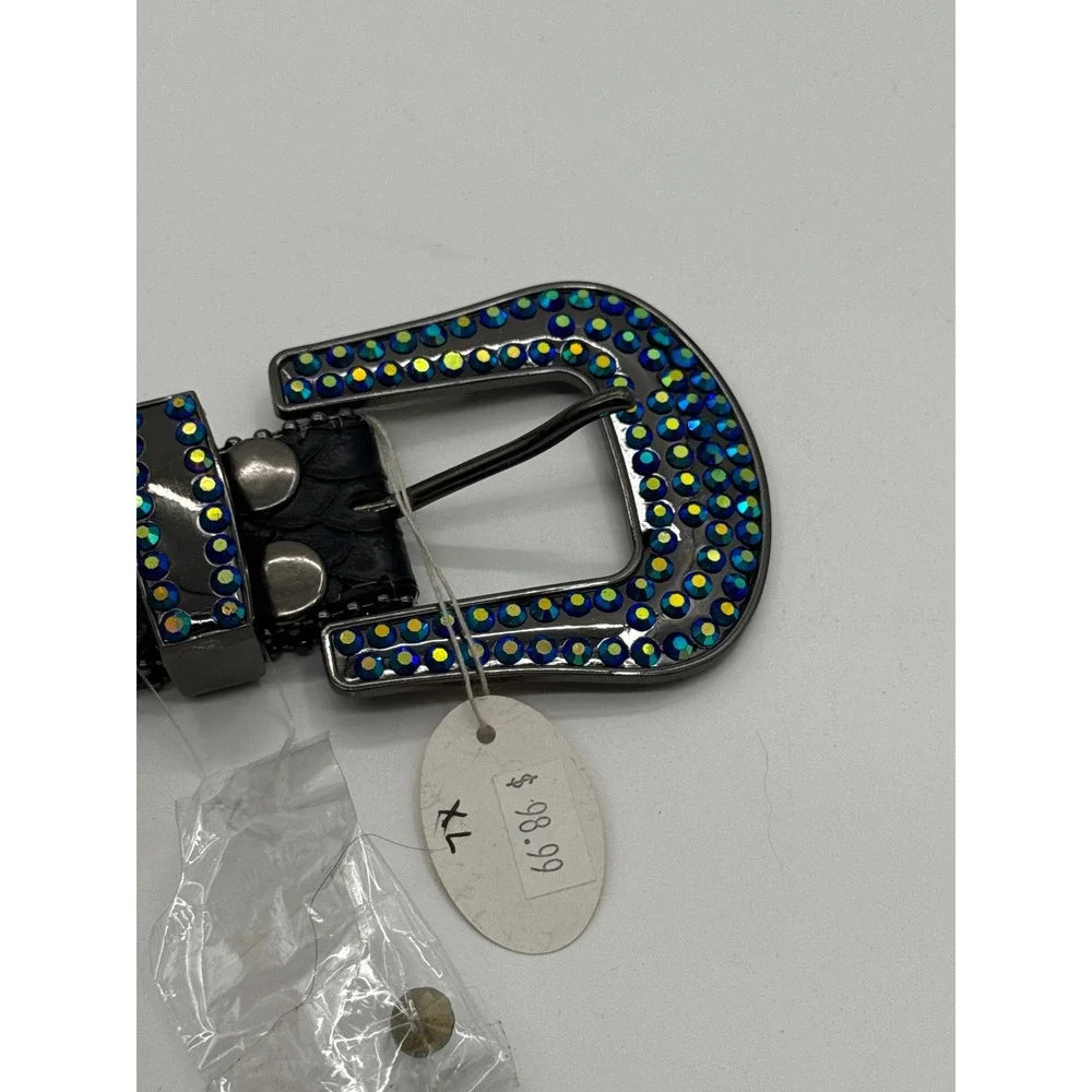 Western Rhinestone Bling Belt Black Genuine Leather Blue AB Crystal Studded XL